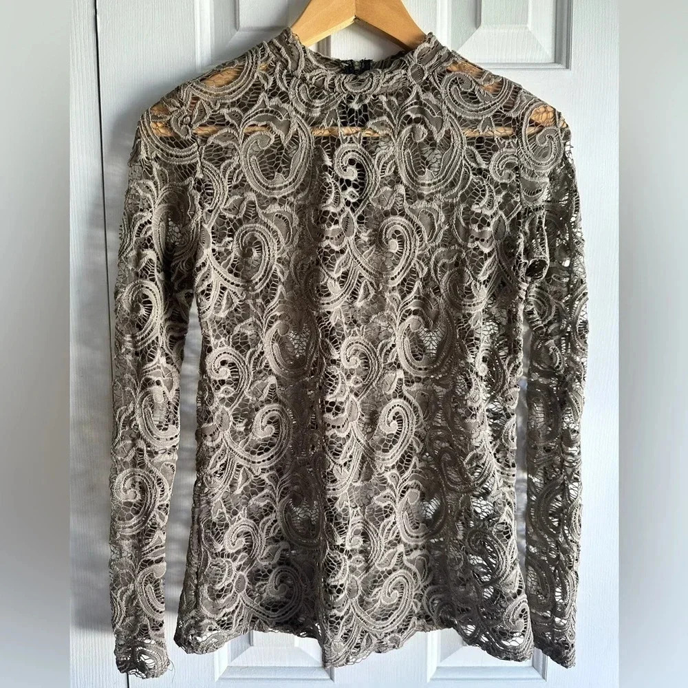 Free Kisses Sheer Lace top.  Olive green w/ zipper up the back Sz M